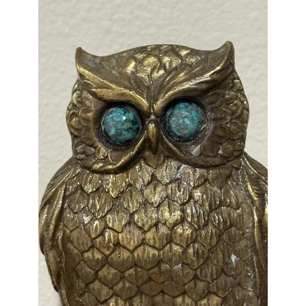 Vintage Owl Bookend Handmade Brass Bluish Green Eyes